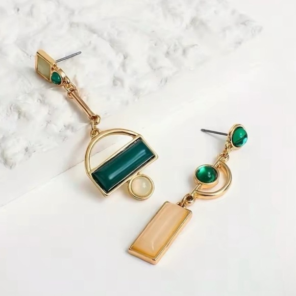 Anthropologie Gold and Green Asymmetrical Geometric Earrings - Picture 9 of 11